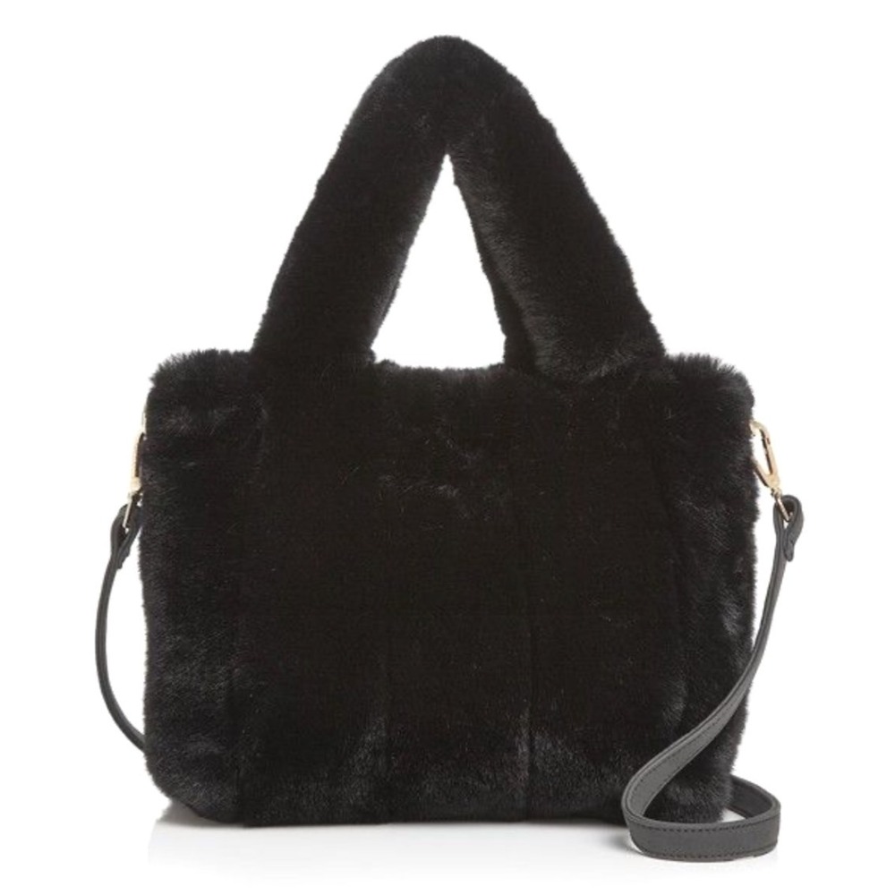 STREET LEVEL Black Faux Fur Satchel Bag Purse SUPER PLUSH w/Shoulder Strap CUTE!